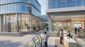 Façade moderne en verre d'un consulat/ambassade du Bénin. Intérieur lumineux avec accueil, personnel, visiteurs et bornes numériques.