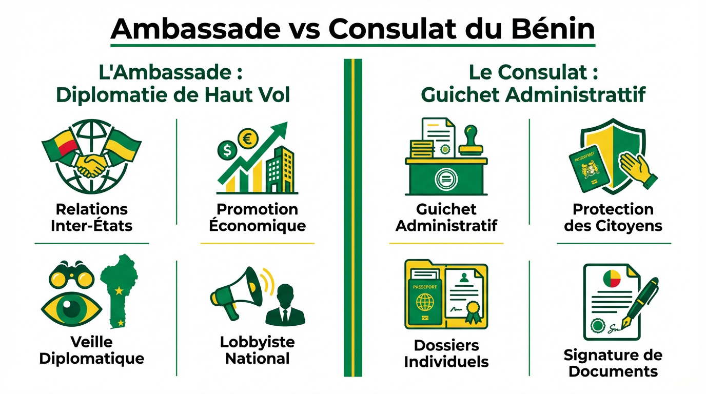 Différences entre les missions de l'ambassade et du consulat du Bénin