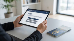 Une personne utilise une tablette affichant un portail citoyen pour les procédures administratives de 2026, avec un passeport béninois posé à côté.