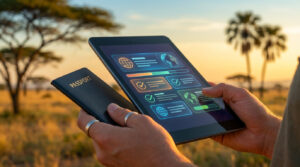 Main tenant un passeport et une tablette affichant un formulaire de visa en ligne, avec un paysage de savane africaine en arrière-plan.