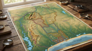 Carte détaillée du Bénin sur une table en bois avec boussoles et loupe, montrant les départements, reliefs et frontières.