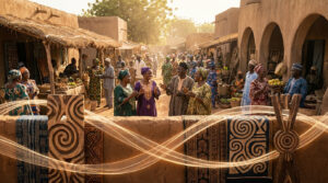 Marché traditionnel béninois vibrant, avec des habitants en tenues colorées, des étals de produits et des motifs artisanaux.