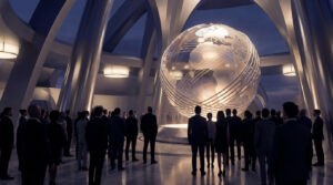 Grand rassemblement de personnes en costumes face à un immense globe terrestre lumineux dans une salle moderne aux arches imposantes.