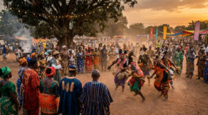 Festival Zogben au Bénin: Danseurs masqués en mouvement devant une foule vibrante sous un arbre illuminé au coucher du soleil.