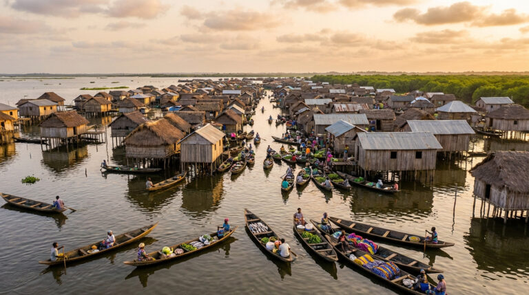 Vue aérienne du village lacustre de Ganvié au Bénin. Maisons sur pilotis, nombreuses pirogues avec personnes et marchandises. Lumière dorée.
