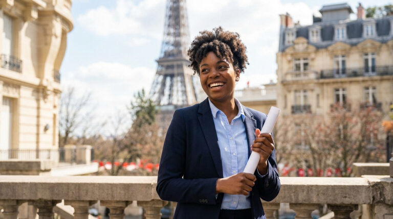 Jeune femme noire souriante en costume près de la Tour Eiffel, tenant un document roulé, symbolisant le succès.
