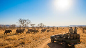 Vue d'un troupeau d'éléphants traversant une savane aride, observé par deux guides depuis un 4x4 de safari.