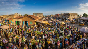 Marché de plein air bondé à Cotonou, Bénin, avec des commerçants et clients parmi des étals colorés de fruits, légumes et tissus.