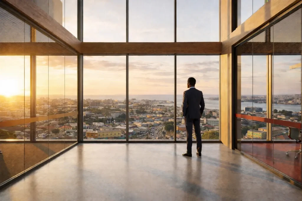 Un homme en costume, de dos, contemple un vaste paysage urbain au lever du soleil depuis un bureau moderne.
