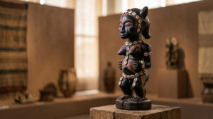 Statue en bois sombre d'une femme ornée de cauris, de l'exposition Bénin au Musée Kahn, sur un socle en bois.
