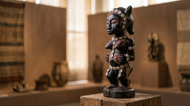 Statue en bois sombre d'une femme ornée de cauris, de l'exposition Bénin au Musée Kahn, sur un socle en bois.