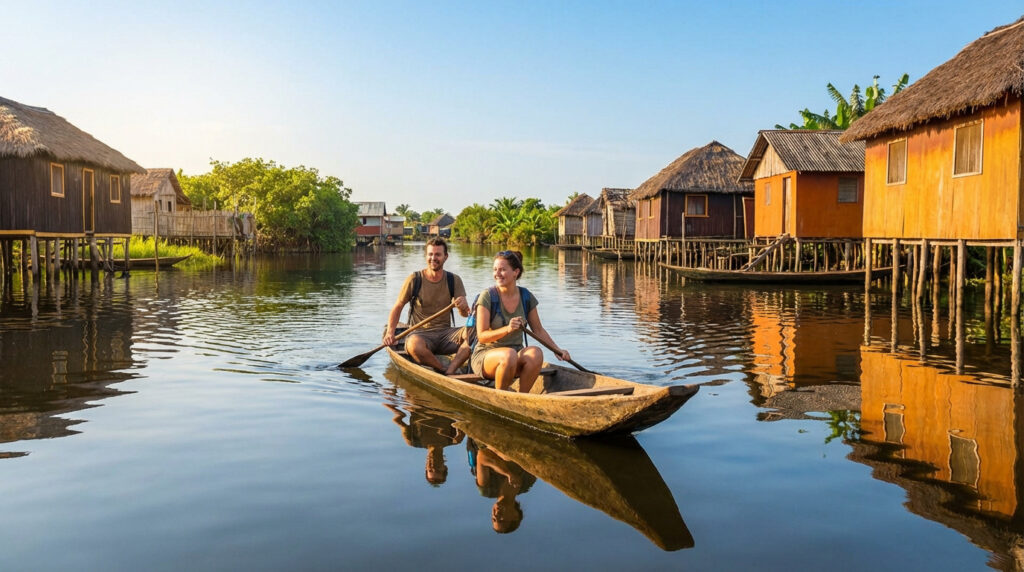 Deux touristes en pirogue souriants sur l'eau, entourés de maisons colorées sur pilotis du village lacustre de Ganvié au Bénin.