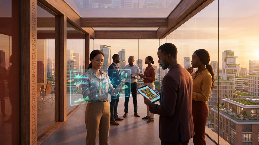 Groupe de professionnels africains utilisant des technologies holographiques et numériques dans un bureau moderne avec vue sur la ville. Motifs culturels sur un pilier.