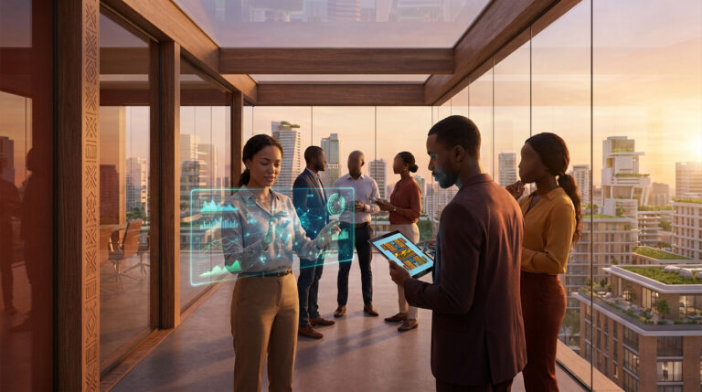 Groupe de professionnels africains utilisant des technologies holographiques et numériques dans un bureau moderne avec vue sur la ville. Motifs culturels sur un pilier.